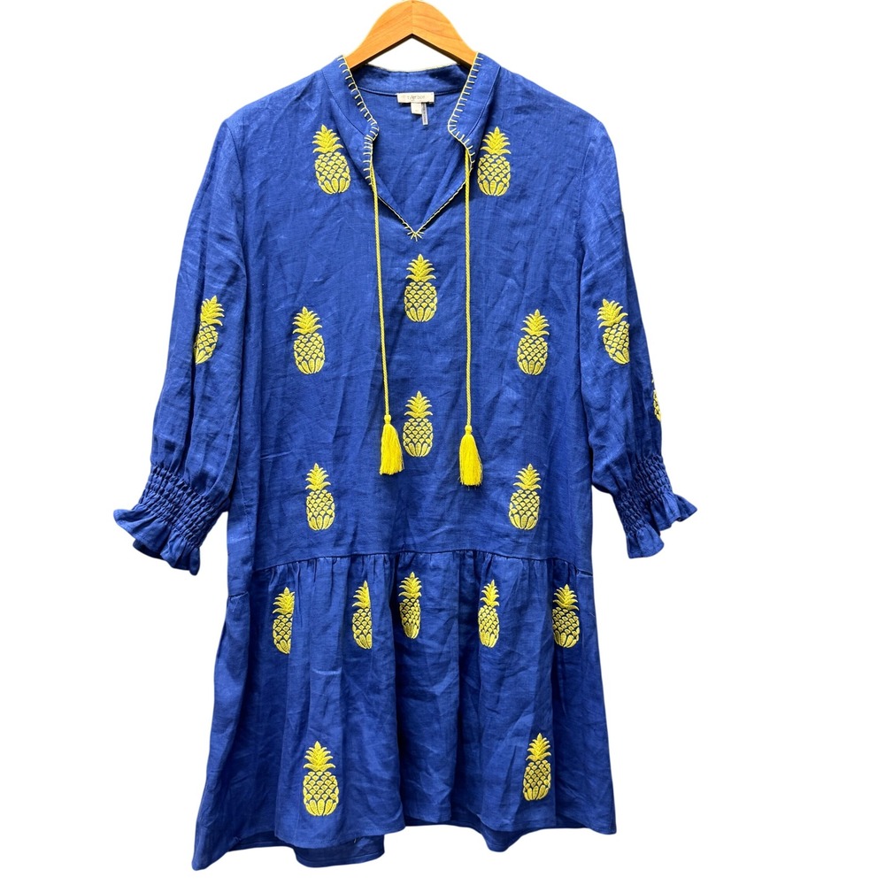 Tyler Boe Linen Dress Womens Medium Pineapple Embroidered Blue Coastal Resort